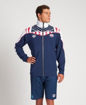 Giacche Uomo Arena Usa Swimming Team Kit Warm Up Jacket Blu Marino Bianche | 94672MXKE