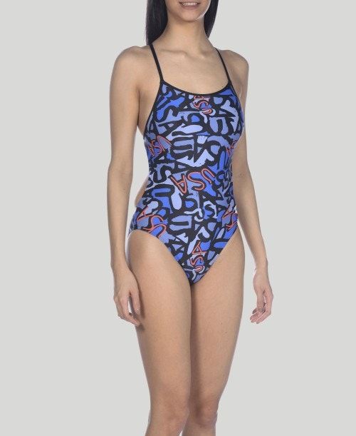 Body Donna Arena Usa Allover Booster Back One Piece Blu Marino Colorate Nere | 74516DMYK