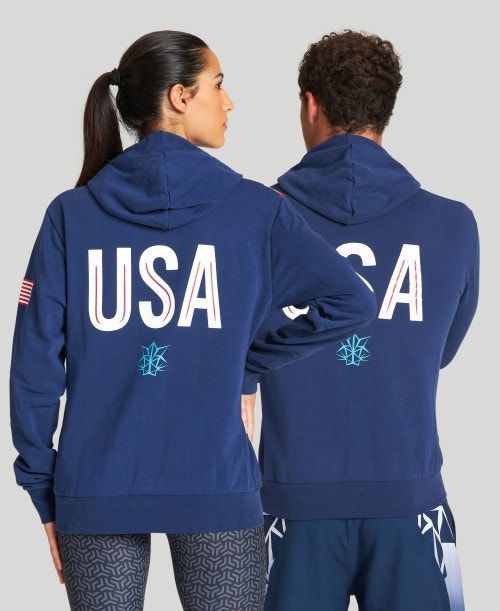 Giacche Uomo Arena Usa Swimming Team Kit Hooded Zip Jacket Blu Marino | 01789HAYQ