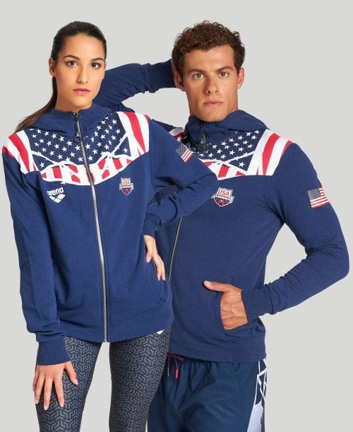 Giacche Uomo Arena Usa Swimming Team Kit Hooded Zip Jacket Blu Marino | 01789HAYQ