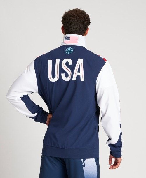 Giacche Uomo Arena Usa Swimming Team Kit Warm Up Jacket Blu Marino Bianche | 94672MXKE