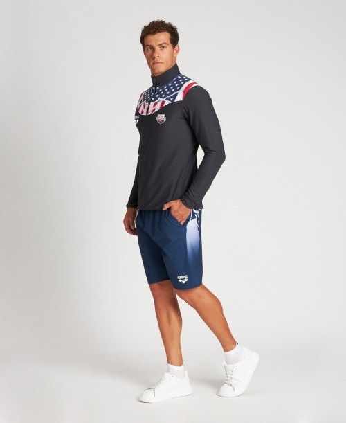 Pantaloncini Uomo Arena Usa Swimming Team Kit Half Zip Shirt Nere | 07681KTDN