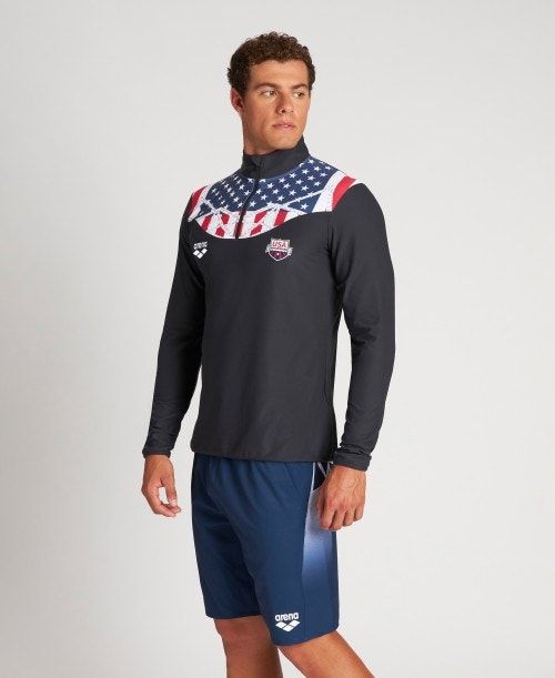 Pantaloncini Uomo Arena Usa Swimming Team Kit Half Zip Shirt Nere | 07681KTDN