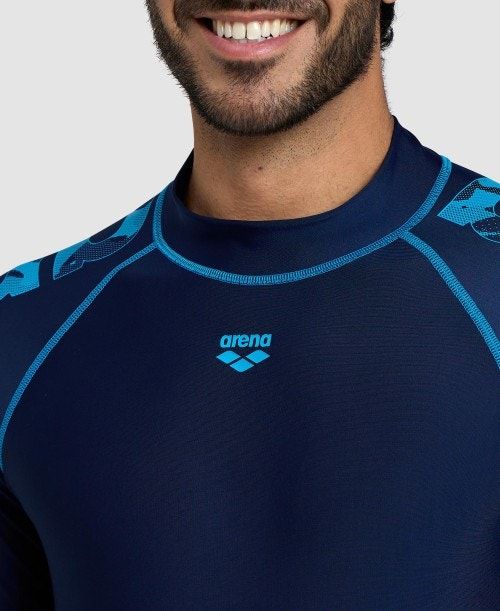 Pullover Uomo Arena Long Sleeve Rash Guard Blu Marino Verde Acqua | 91032SKRU