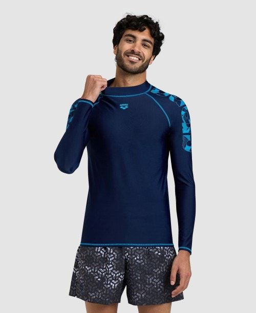 Pullover Uomo Arena Long Sleeve Rash Guard Blu Marino Verde Acqua | 91032SKRU