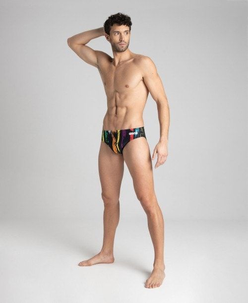 Slip Uomo Arena Team Painted Stripes Brief Nere Colorate Gialle | 28905ZEJS