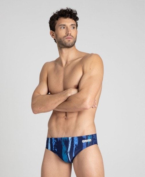 Slip Uomo Arena Team Painted Stripes Brief Blu Marino Colorate Verde Acqua | 01357QMRT